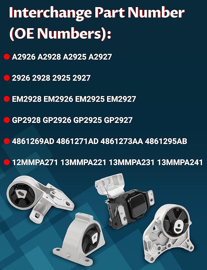 Automotive Engine Mounts Kit OE Replacement for Town & Country/Voyager/Caravan 2001-2007 3.3L/3.8L, FWD Automatic Transmission (OE# A2925, A2926, A2927, A2928)